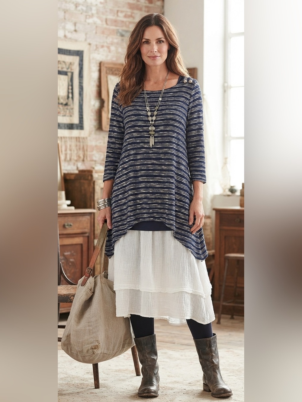 Cal Style Sz L Lagenlook romantic 3/4 slv tunic Loose Knit Navy Asymmetrical